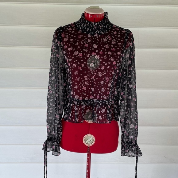 BCBGeneration Semi sheer Smocked-Neck Top Sz M - Picture 2 of 11